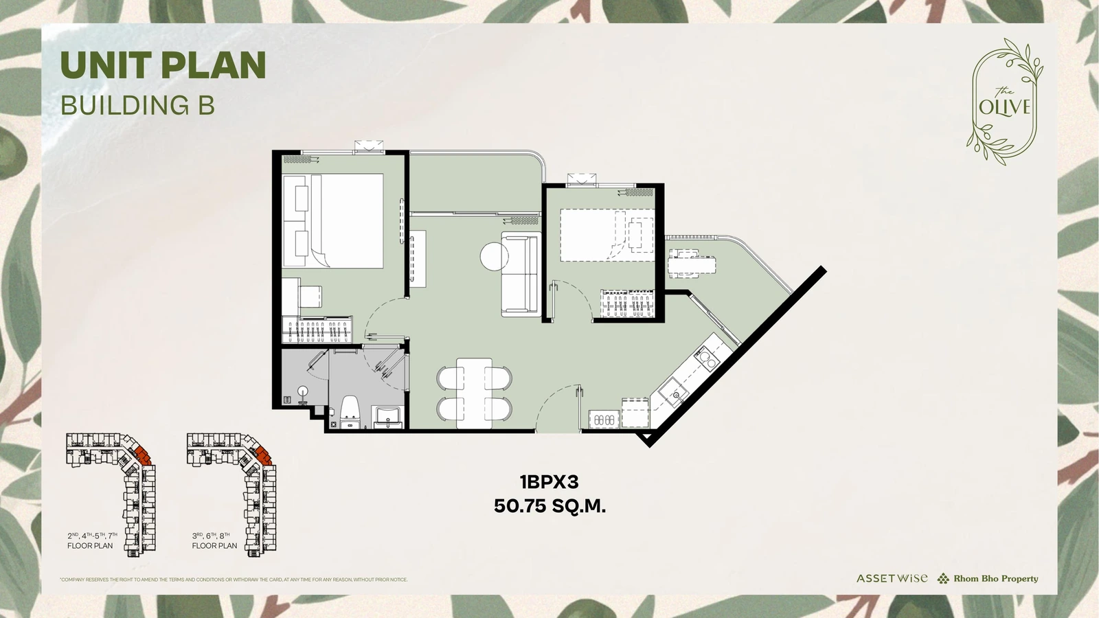 Layout of units B210 (1 Bedroom Plus) — The Title Olive