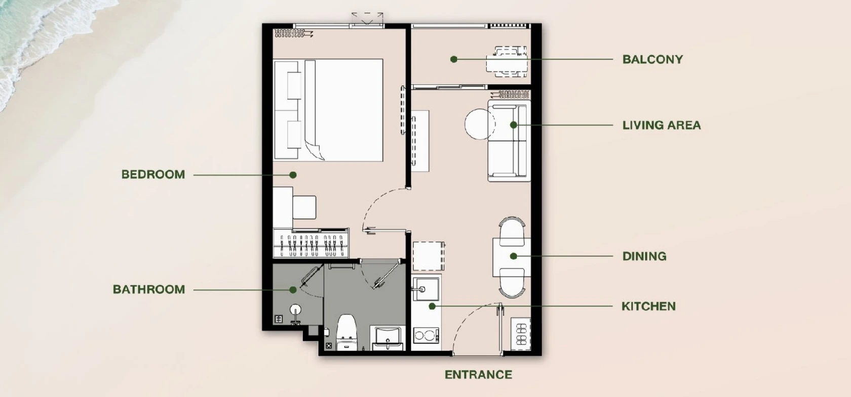 Floor plan 1 Bedroom M 32–34 m² — The Title Olive