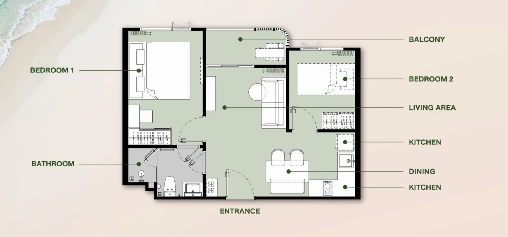 Floor plan 1 Bedroom Plus 44–52 m² — The Title Olive