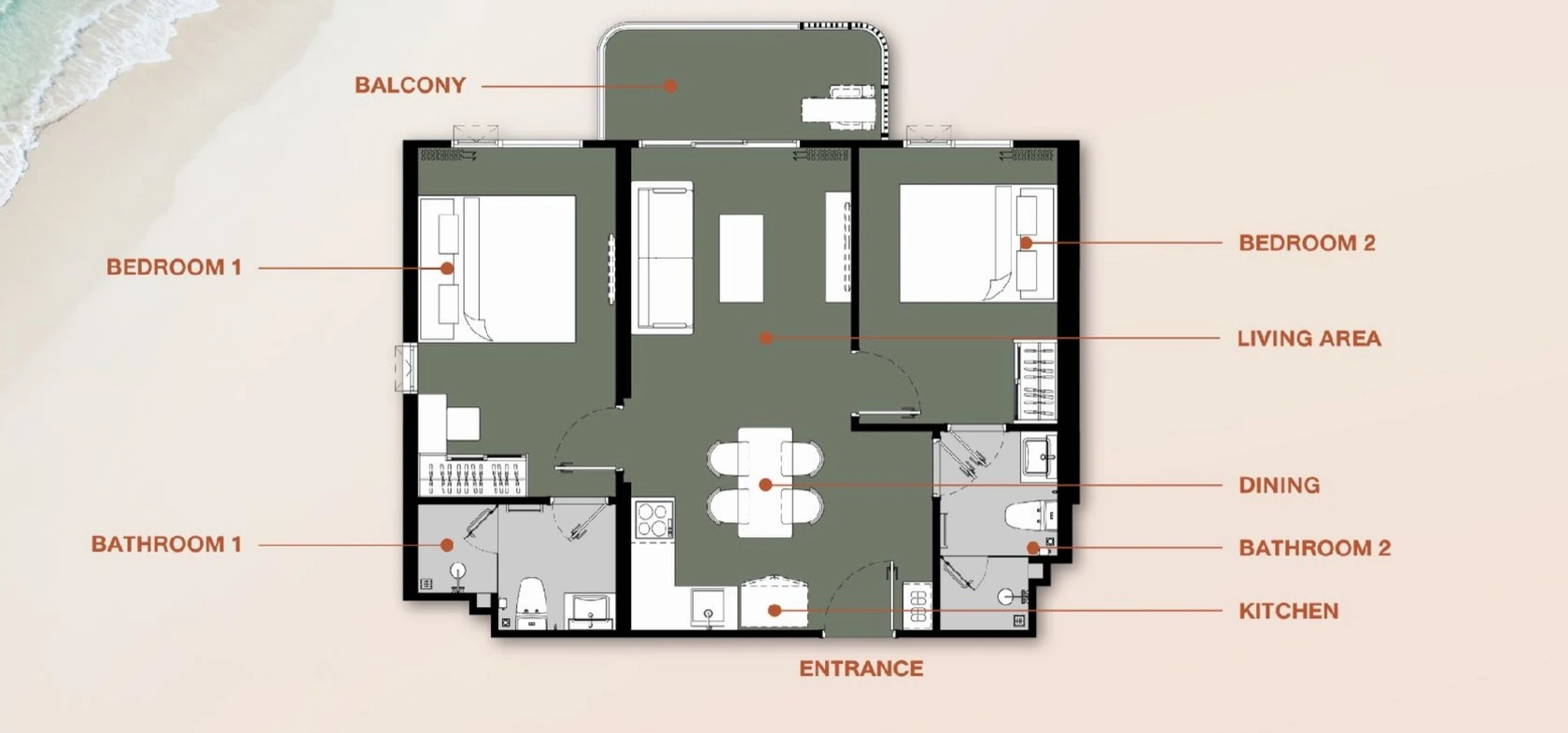 Floor plan 2 Bedroom M 62–63 m² — The Title Olive
