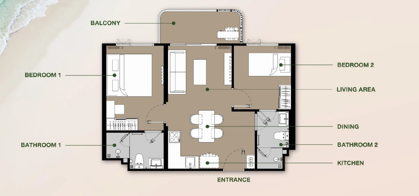 Floor plan 2 Bedroom S 56–57 m² — The Title Olive