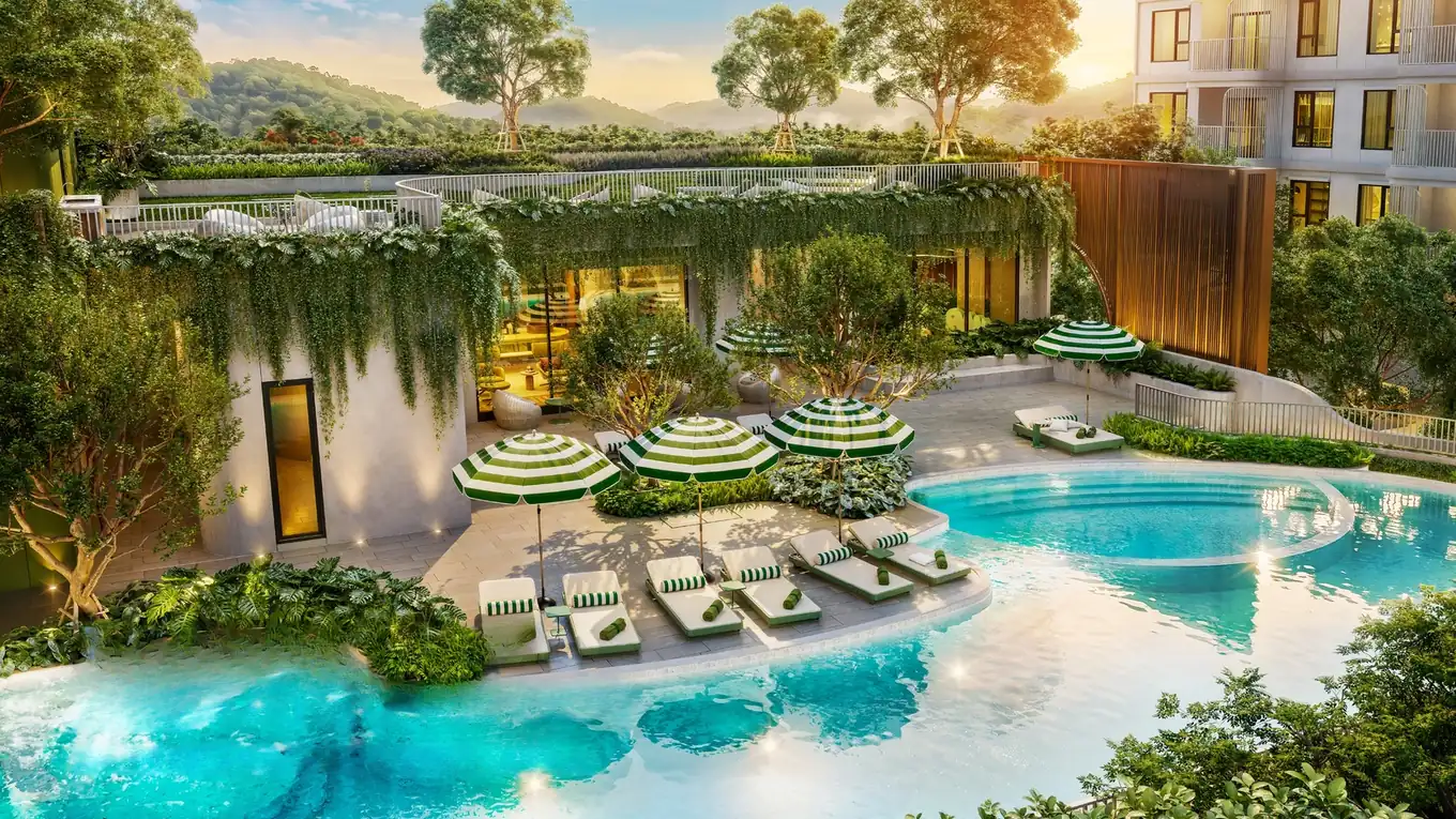 The Title Olive — pool with sun loungers